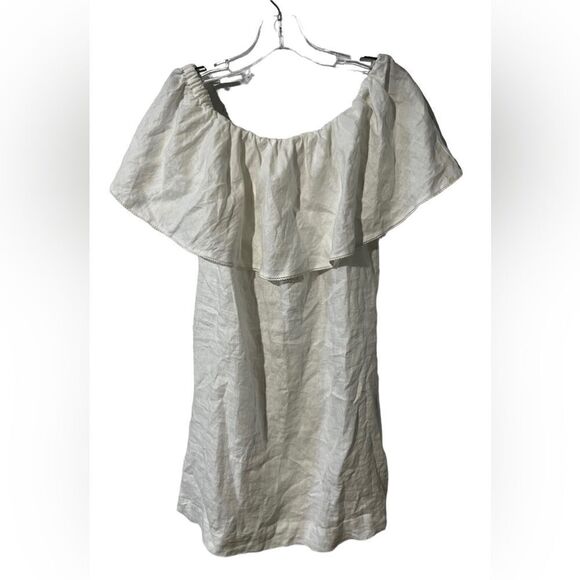 Out of Office Trina Turk Vacation Ruffle Linen Dress white Large MISSING BELT - Picture 1 of 5